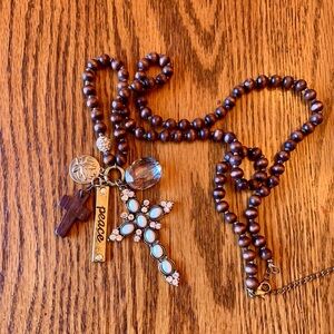 Brown wooden Beaded Necklace with Charms